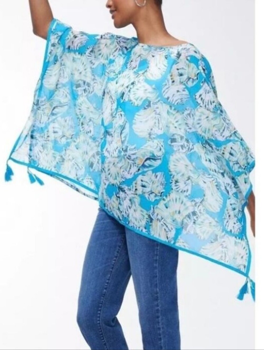 Chico's Poolside Blue Seashell Print Coastal Treasure Tassel Poncho Size Sm/Med - Picture 2 of 8